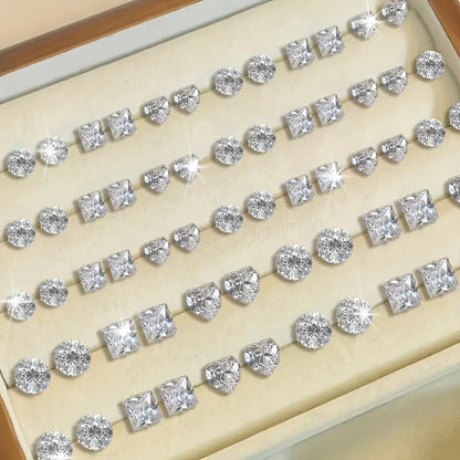 72Pcs Zircon Stud Earrings Set for Women Men Geometric Heart Round Square Sparkling Crystal Earring Pack Hypoallergenic Fashion Jewelry Gift