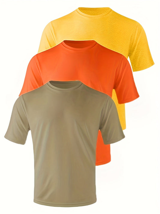 Men's UPF 50+ Quick-Dry T-Shirts 3-Pack – Moisture-Wicking Crew Neck Short Sleeve Athletic Tees Khaki Orange Yellow S-3XL for Swimming Beach Outdoor Sports Fishing Hiking