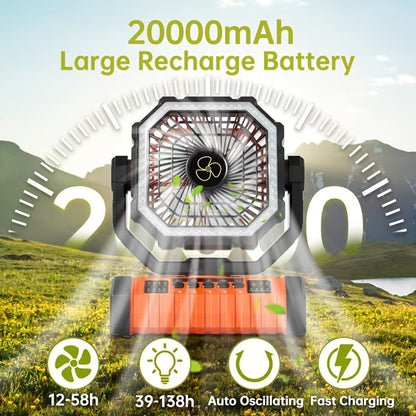 20000mAh Rechargeable Camping Fan with Built-in LED Light Tent Hook USB Charging Portable Battery Powered Outdoor Cooling Fan for Camping Hiking Power Outages Construction Sites Orange Upgraded Model