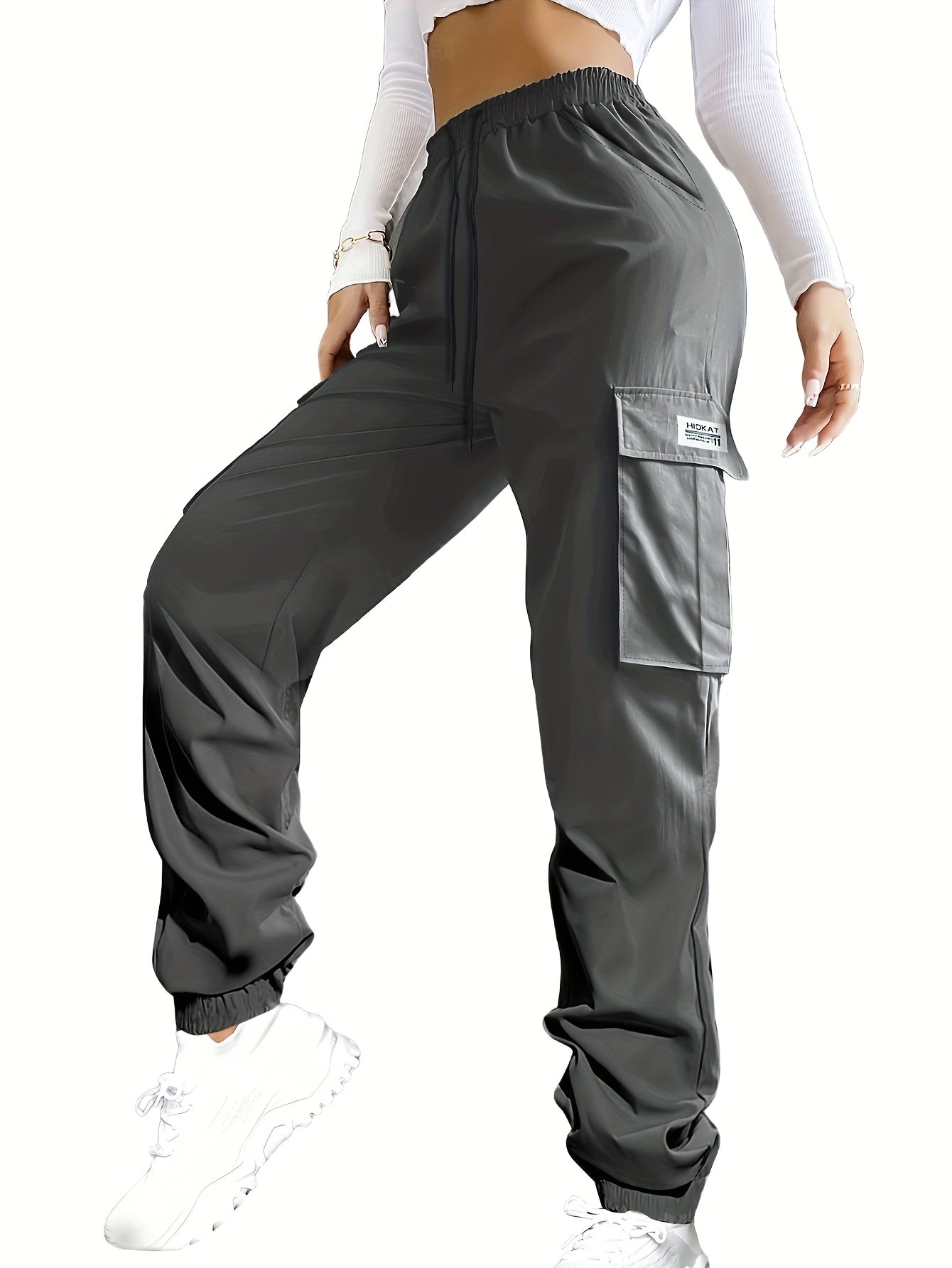Women's Cargo Pants with Zippered Pockets – Elastic Drawstring Waist Large Pocket Casual Outdoor Trousers Black Grey Green Blue XS-XXL