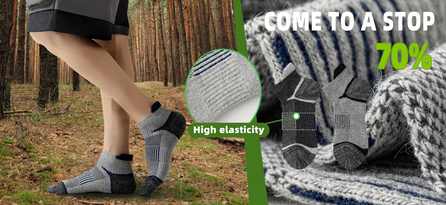 6 Pairs Merino Wool Hiking Socks for Men & Women, Cushioned Ankle Running Work Socks with Compression Support, Sweat-Absorbing Breathable Low Cut Invisible Design – Great Gift Idea