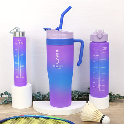 3-Pack Water Bottles Set 46oz 27oz 9.5oz with Straw Lid & Handle – BPA-Free Insulated Travel Cups for Gym Hiking Camping Fitness & Outdoor Sports, Leak-Proof Reusable Drinking Bottles