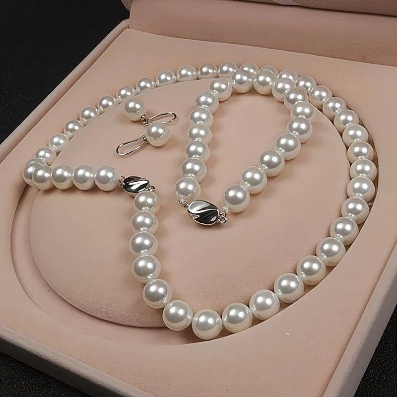 Freshwater Pearl Jewelry Set for Women - 925 Sterling Silver Cultured Pearl Necklace Bracelet & Earrings Set, Elegant French-Style Gift for Weddings Banquets Parties & Anniversaries