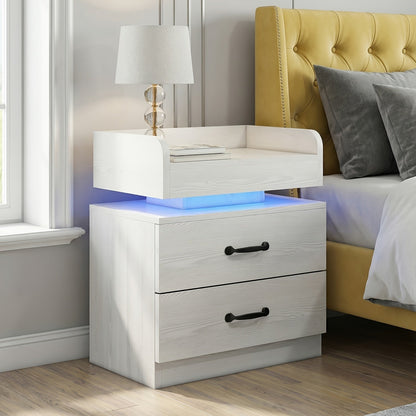 Nightstand with Charging Station & LED Lights – Modern Wooden Bedside End Table with Drawer & Storage, USB Charging Ports, for Bedroom & Living Room, Black or White, 1 or 2 Pack