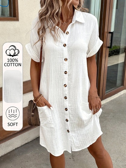 Women's V-Neck Short Sleeve A-Line Shirt Dress – Button-Front Soft Breathable Casual to Semi-Formal Blouse Dress, 5 Colors, Inclusive Sizes S-XXL