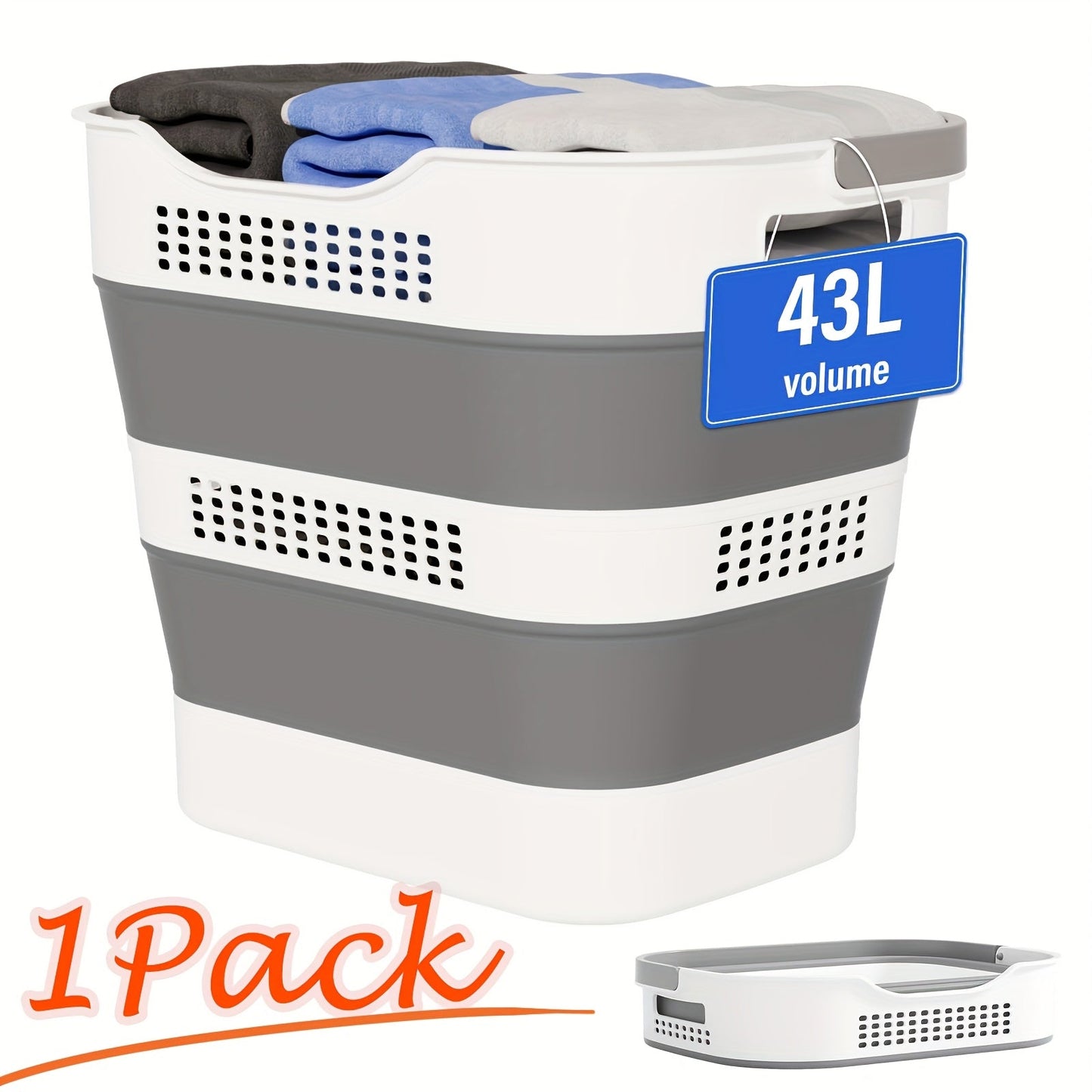Collapsible Laundry Basket 43L Foldable Pop-Up Hamper with Handles – Durable Plastic Space-Saving Storage Container & Organizer for Laundry Room, Bedroom, Dorm & Small Spaces