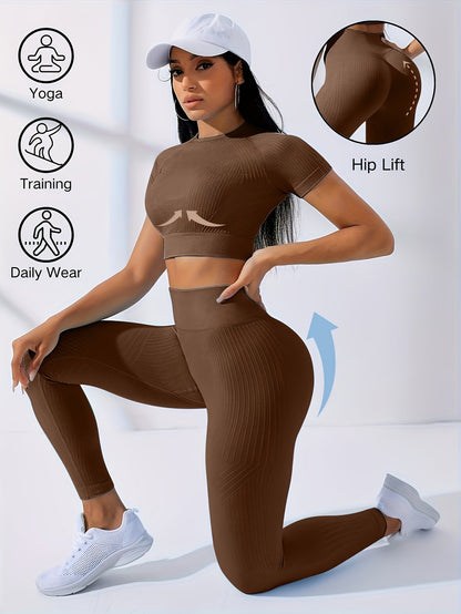 Women's 2-Piece Workout Set - Yoga Crop Top & High Waist Leggings, Crew Neck Medium Stretch Solid Color All-Season Activewear for Gym Fitness Pilates Running, Sizes XS-XL