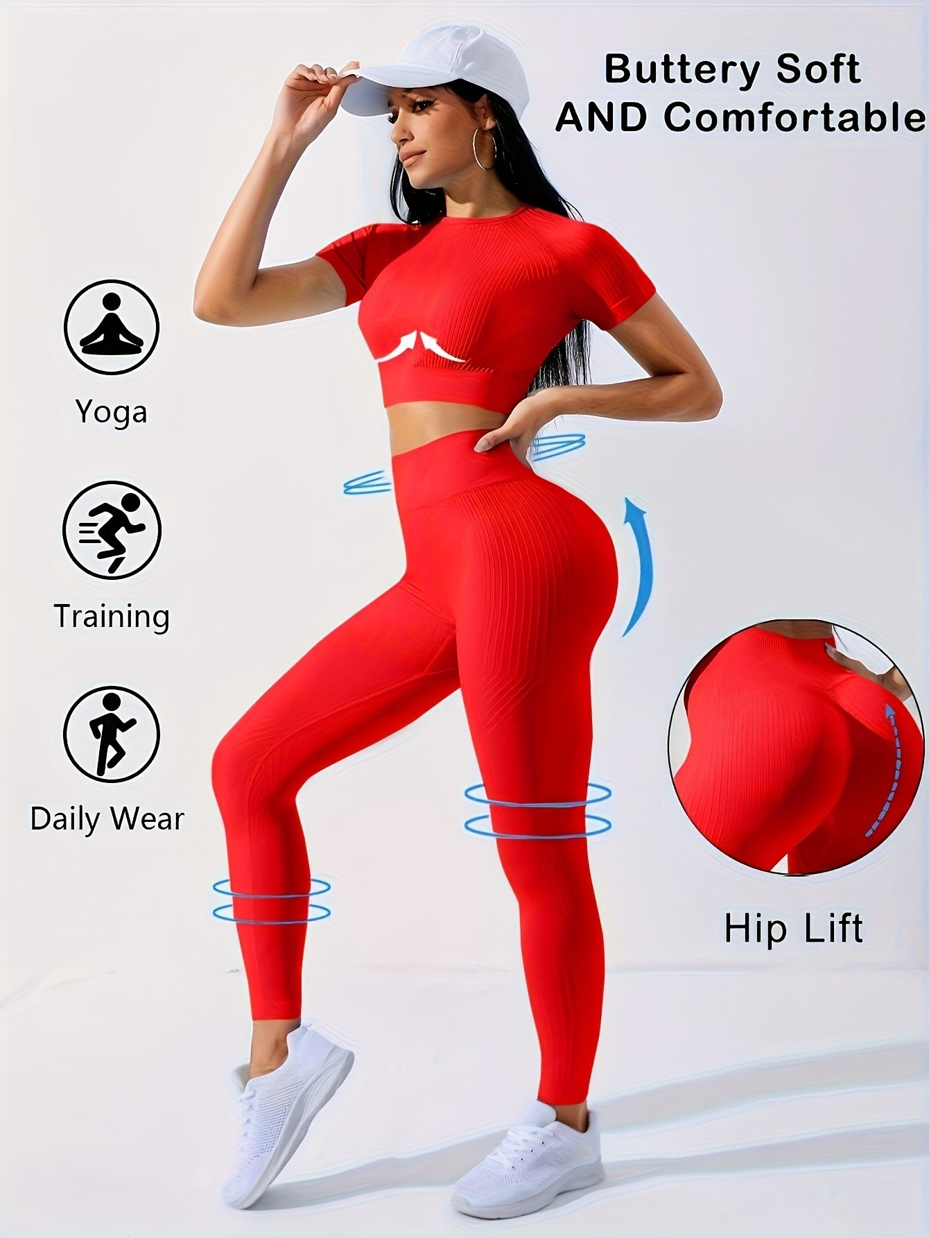 Women's 2-Piece Workout Set - Yoga Crop Top & High Waist Leggings, Crew Neck Medium Stretch Solid Color All-Season Activewear for Gym Fitness Pilates Running, Sizes XS-XL