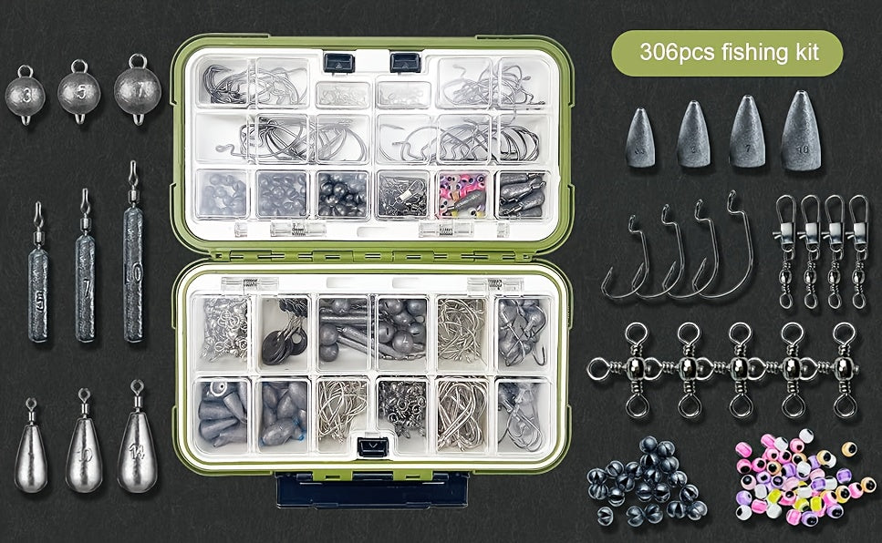 Fishing Lure Kit 306PCS & 84PCS – Complete Tackle Box with Hooks, Sinkers, Bobbers, Jigs, Beads, Swivels & Snaps | Freshwater Fishing Accessories Set for Bass Trout Carp