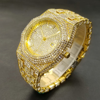 MISS FOX Glam Quartz Watch – Hip Hop Cuban Link, Rhinestone Accents, Luminous Calendar, Alloy Band, Unisex Luxury Fashion Watch for Men & Women, Silver & Gold