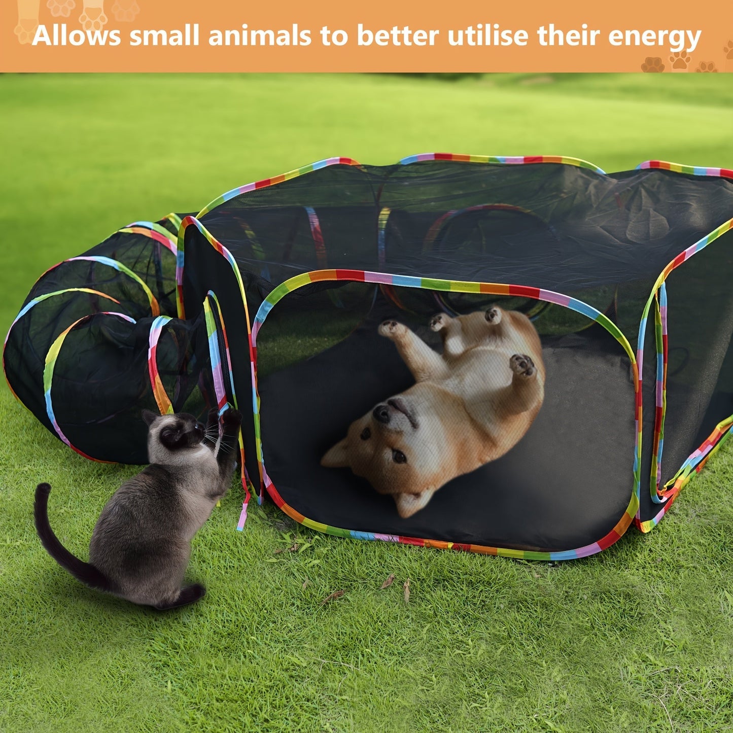 Rainbow Cat Playpen Outdoor Cat Enclosure with Circle Tunnel and Portable Pop-Up Tent, Foldable Cat Playground for Cats Kittens and Small Animals Indoor Outdoor Use