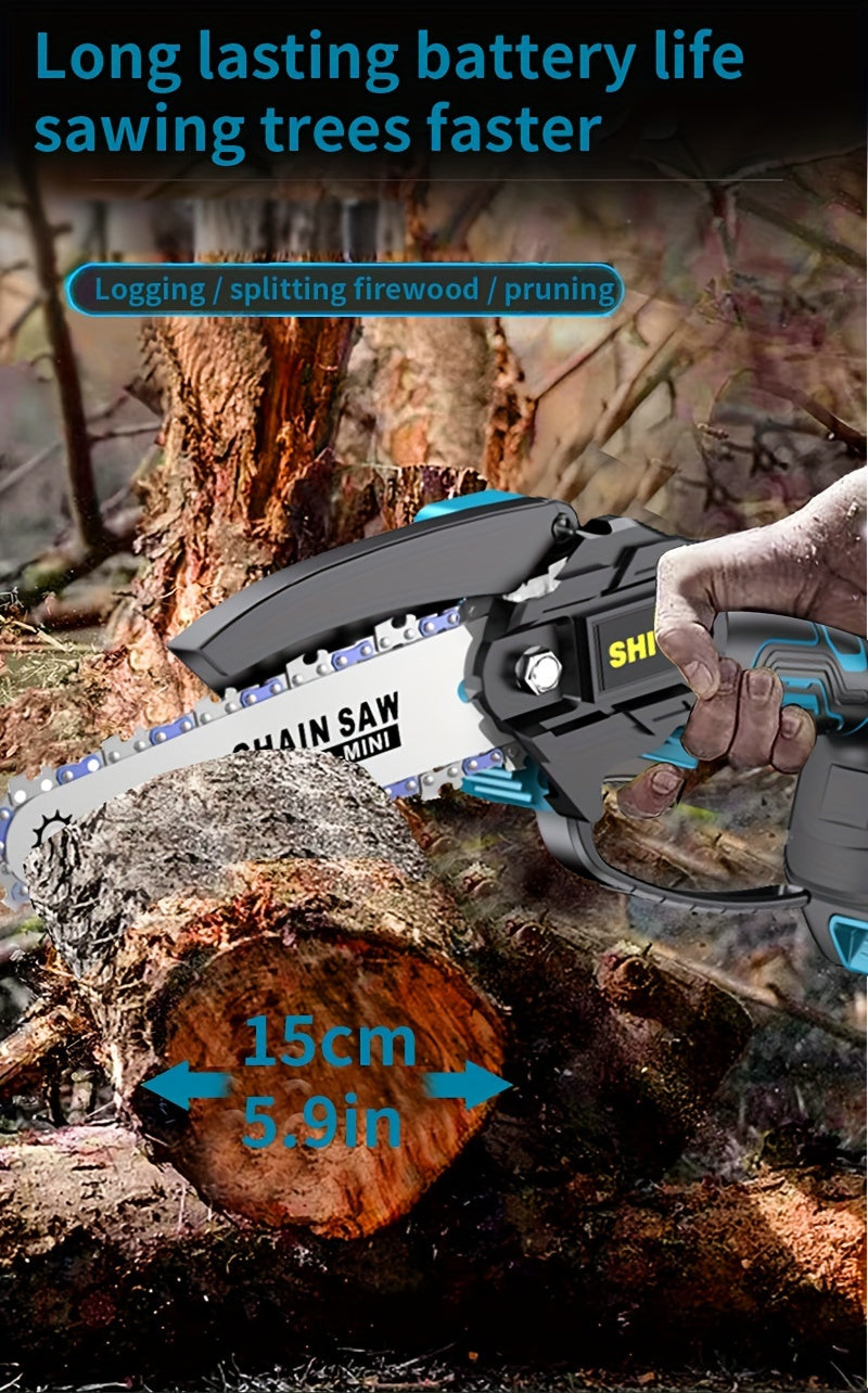 Mini Cordless Chainsaw Portable Handheld Electric Tree Cutter Splash Guard Security Lock Rechargeable for Garden Yard