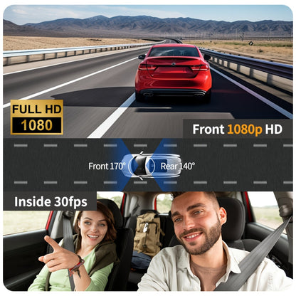 Dash Cam Front and Rear 1080P HD Dual Camera with Night Vision, 170° Wide Angle, ADAS, G-Sensor, Loop Recording, 24Hr Parking Mode, 2" IPS Screen