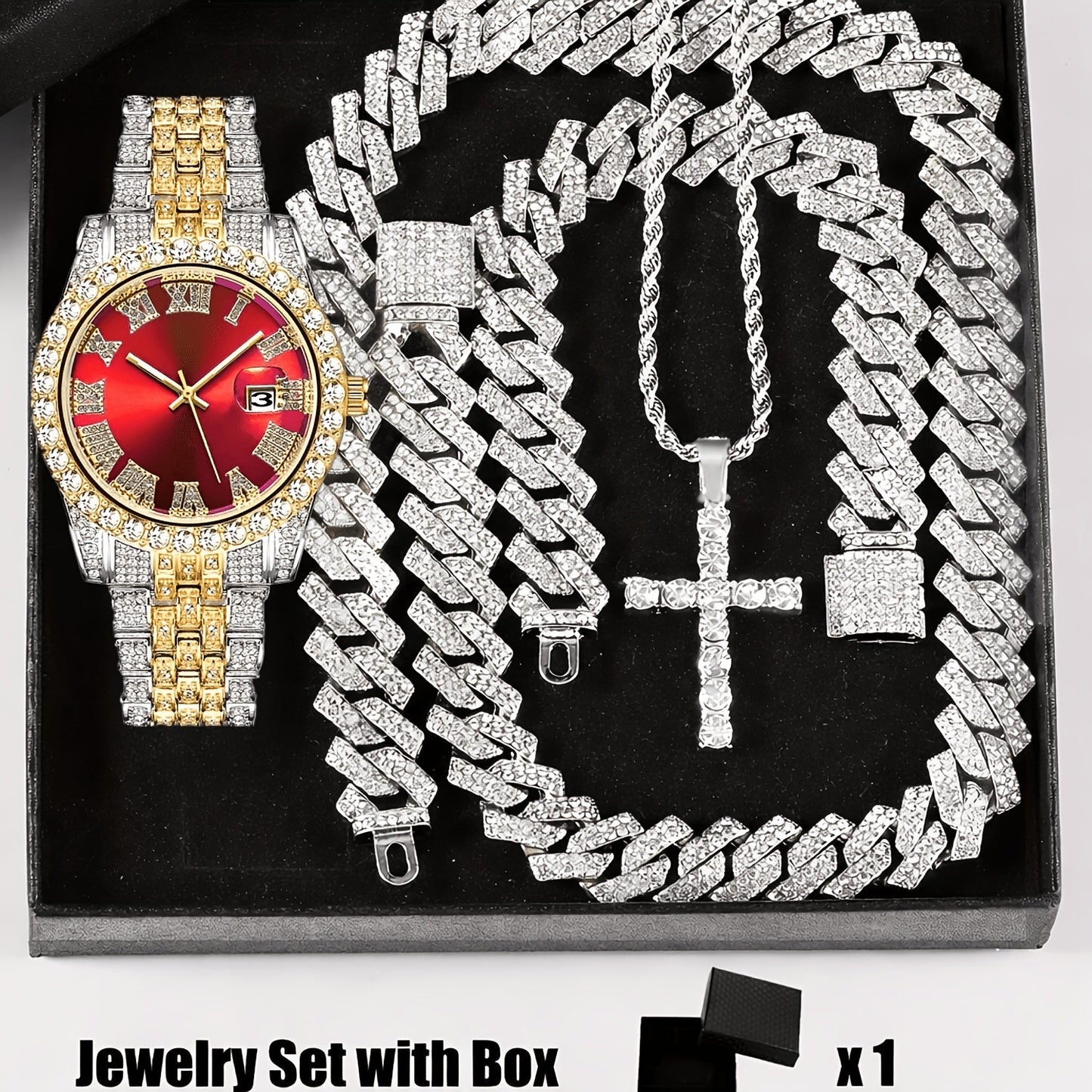 4pcs Rhinestone Watch & Cross Pendant Jewelry Set Quartz Analog Wrist Watch Necklace Bracelet Earrings Unisex Gift for Him Her Wedding