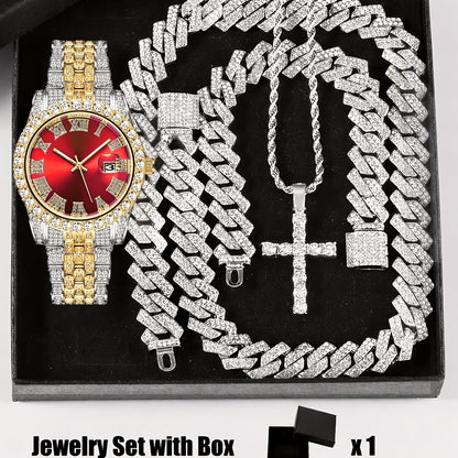 4pcs Rhinestone Watch & Cross Pendant Jewelry Set Quartz Analog Wrist Watch Necklace Bracelet Earrings Unisex Gift for Him Her Wedding
