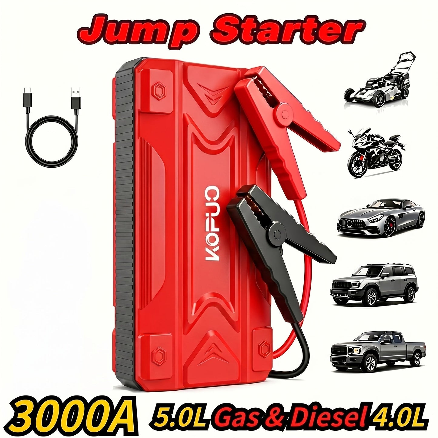 Portable Car Jump Starter 20000A Peak with Air Compressor, 7-in-1 Jump Starter Battery Pack 150PSI Tire Inflator, Power Bank, LED Light & Safety Hammer for 12V Gas & Diesel Engines – Roadside Emergency Kit