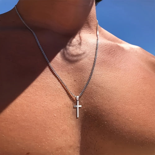 Men's Cross Pendant Necklace 18K Gold Plated Cuban Chain 304 Stainless Steel Minimalist Casual Jewelry Gift for Him Steel Gold