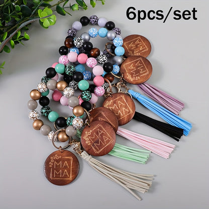 MAMA Wooden Bead Keychain Set 6pcs – Printed Wooden Plaque Charm, Tassel Wrist Key Ring, Anti-Loss Car Keychain & Backpack Accessory, Perfect Mother's Day & Holiday Gift for Mom