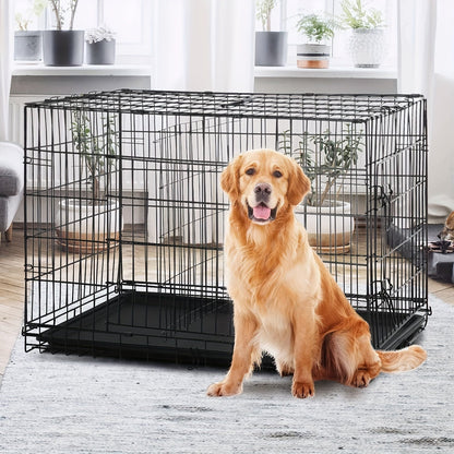 Double Door Folding Metal Dog Crate 42 48 Inch with Divider Leak-Proof Tray High-Temp Paint Finish Wire Kennel Puppy Medium Large Dogs Indoor Outdoor Black Blue Pink