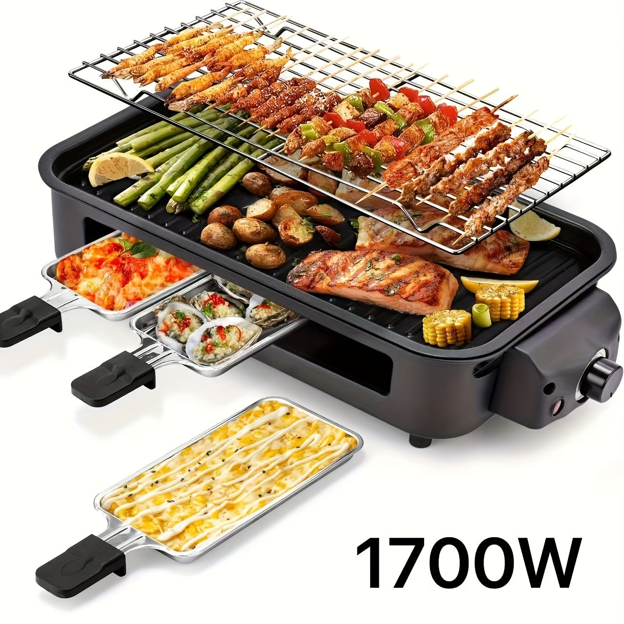 Indoor Electric Smokeless Grill with Raclette – 1700W Non-Stick BBQ Griddle, 3 Raclette Pans, Dishwasher Safe Stainless Steel, Adjustable Temp, Perfect for Home Cooking & Entertaining