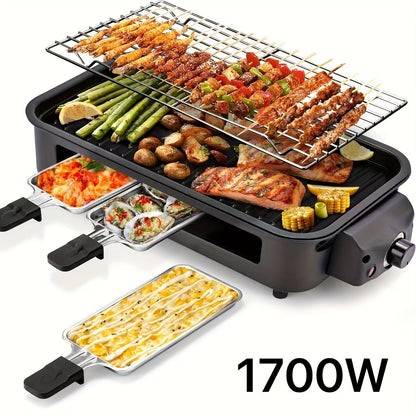 Indoor Electric Smokeless Grill with Raclette – 1700W Non-Stick BBQ Griddle, 3 Raclette Pans, Dishwasher Safe Stainless Steel, Adjustable Temp, Perfect for Home Cooking & Entertaining