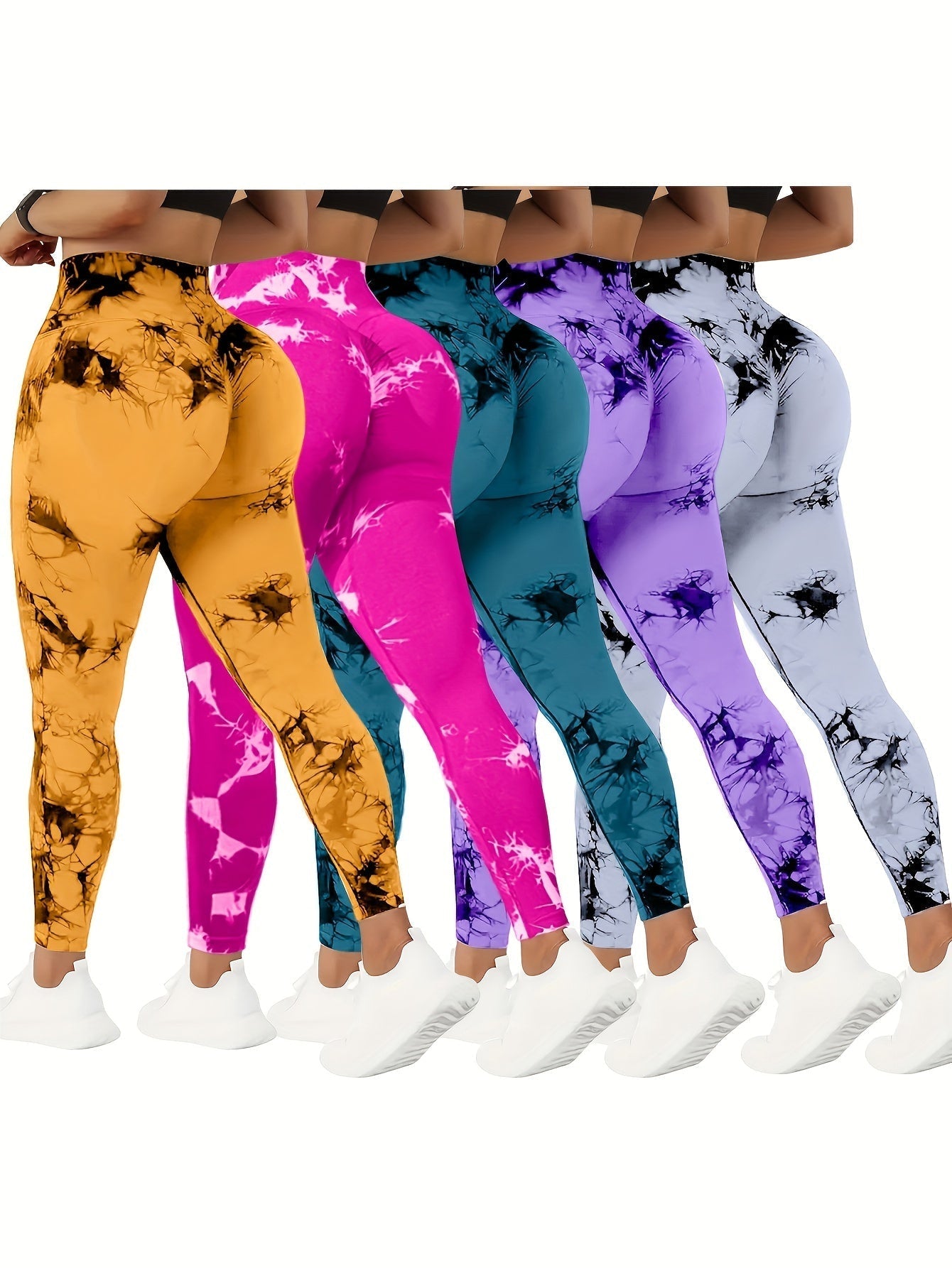 5 Pack High-Waisted Yoga Pants for Women with Tummy Control, Tie-Dye Fitness Leggings Stretchy Running Tights Peach Lift Workout Pants, All-Season Activewear in Various Colors