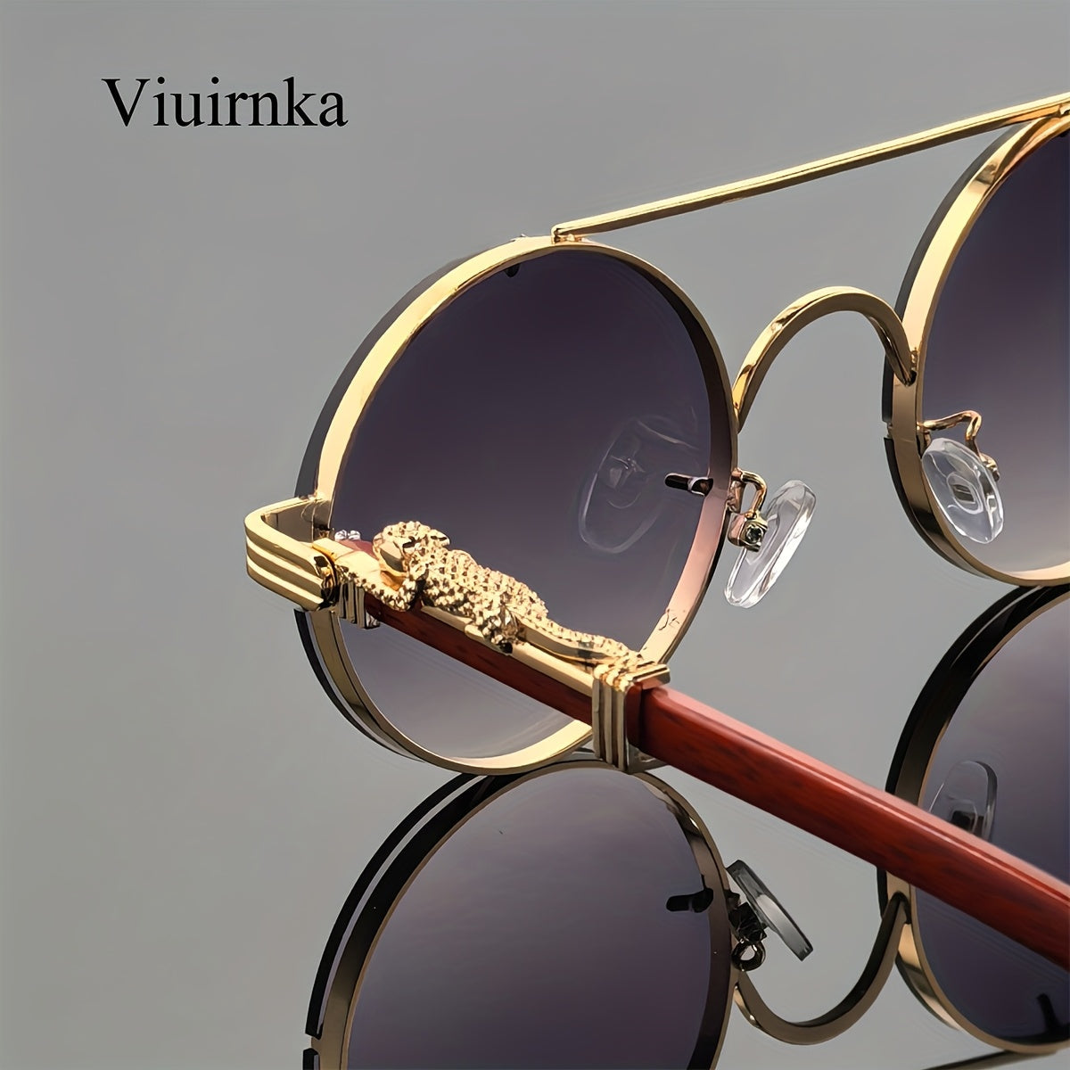 Round Metal Frame Gradient Sunglasses for Men & Women – Luxury Double Bridge, Leopard Detail Hinges, Gradient PC Lenses, Includes Case, Chic Vacation & Street Style Eyewear