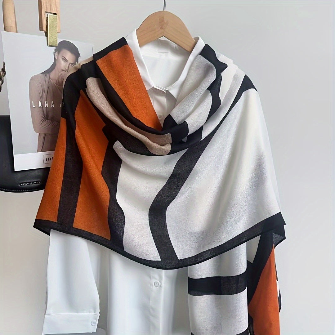 Women's Color Block Viscose Scarf & Shawl – Soft Breathable Geometric Print Windproof Sun Protection Wrap for Casual Outings Travel, Lightweight Hand-Wash Easy Care, Beige Khaki Orange