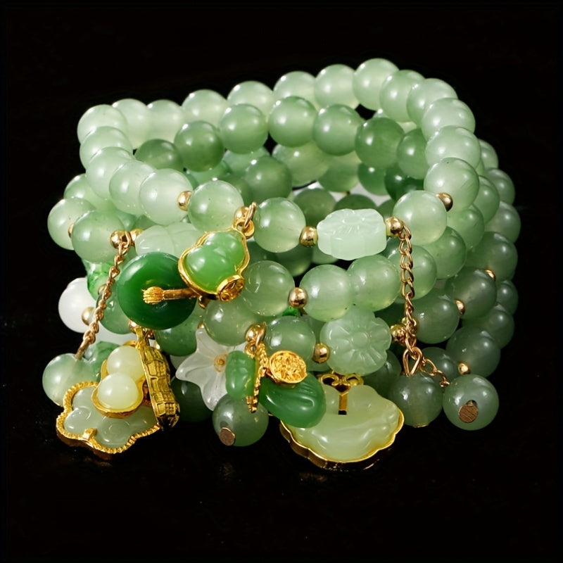 Bead Bracelet Set 7 Pieces for Women & Men – Butterfly & Lily Pendant Imitation Jade Retro Chinese Style Stackable Bracelets, Elegant Boho Wrist Jewelry Gift for Birthday Anniversary Valentine's Day