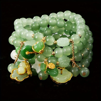 Bead Bracelet Set 7 Pieces for Women & Men – Butterfly & Lily Pendant Imitation Jade Retro Chinese Style Stackable Bracelets, Elegant Boho Wrist Jewelry Gift for Birthday Anniversary Valentine's Day