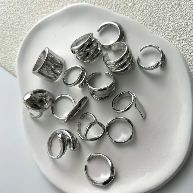 Irregular Geometric Wide Band Rings for Women – Boho Stackable Statement Silver Ring Set, Elegant Party Daily Wear Holiday Gift