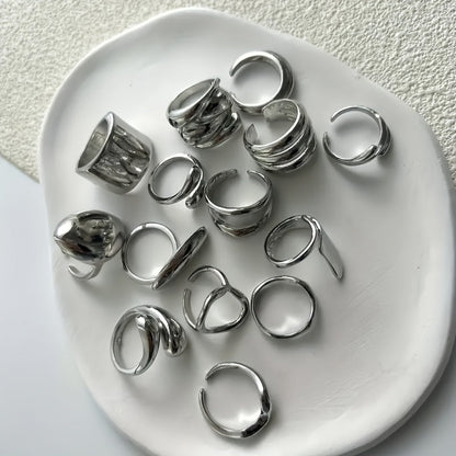 Irregular Geometric Wide Band Rings for Women – Boho Stackable Statement Silver Ring Set, Elegant Party Daily Wear Holiday Gift