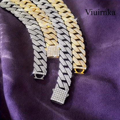 Men's Cuban Link Chain Necklace Hip Hop Style with Synthetic Gem Inlay – Silver & Gold Tone, 45cm / 50cm, Gift Box Included, Bold Statement Jewelry for Any Occasion