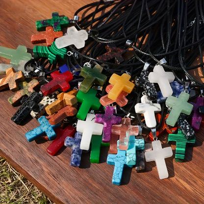 50-Piece Natural Stone Cross Pendant DIY Jewelry Making Set – 25 Mixed Gemstone Cross Pendants & 25 Adjustable Black Faux Leather Necklaces, Bulk Craft Supplies for Necklaces, Bracelets & Earrings