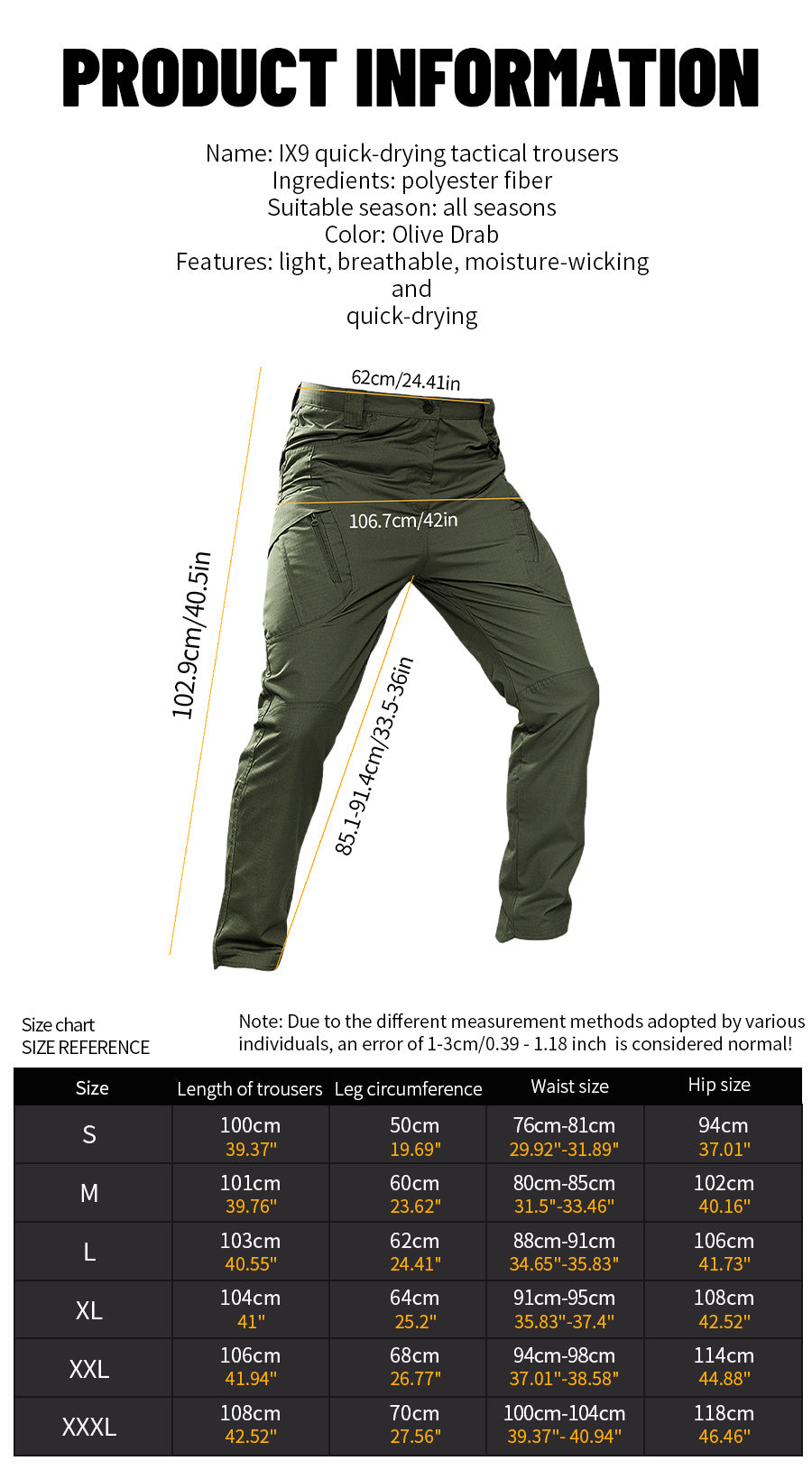 IX9 Men's Tactical Cargo Pants Slim Fit – Quick-Dry Breathable Tear-Resistant Multi-Pocket 3D Cut Outdoor Work Pants for Hiking Camping Climbing Fishing S-XXXL