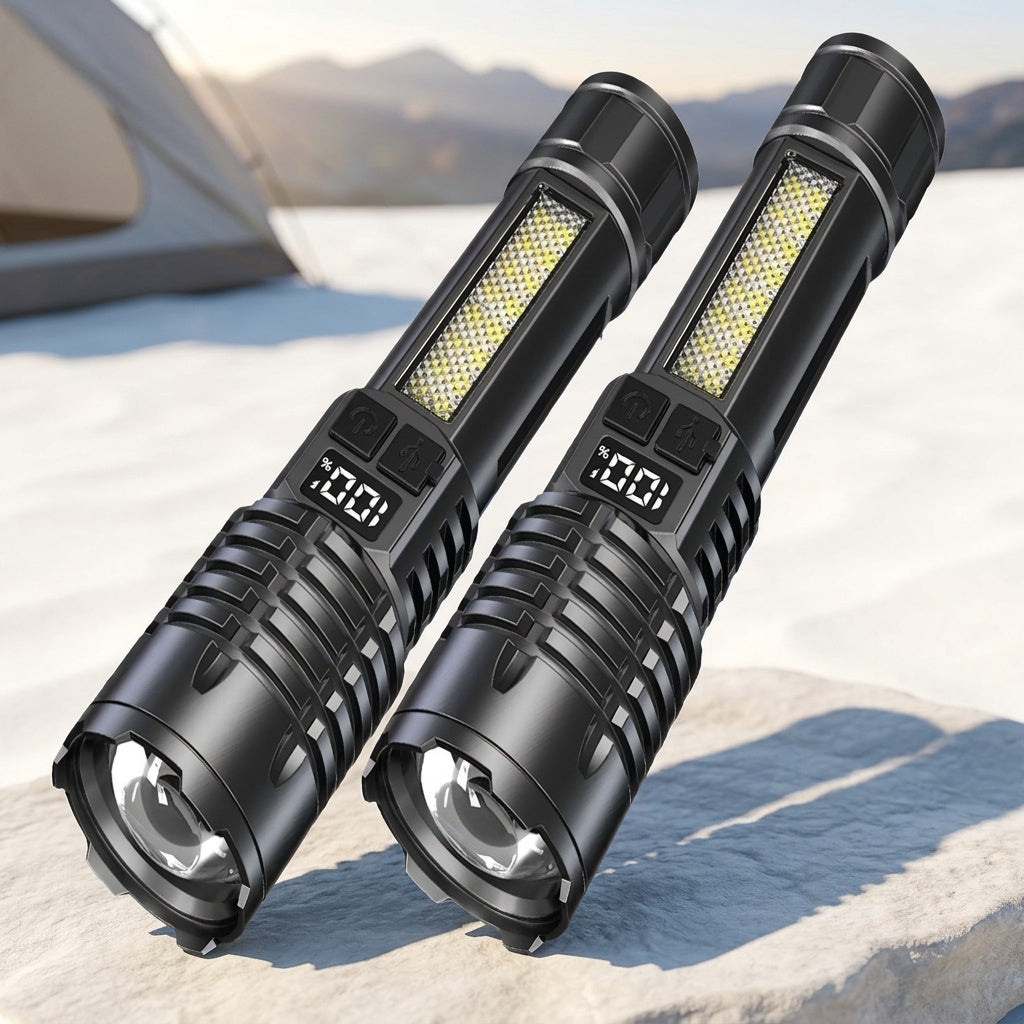 Rechargeable Tactical Flashlight 2 Pack USB COB LED – Ultra Bright 5 Modes Zoomable 200-500M Beam LCD Display for Camping Fishing Hunting Cycling Emergency