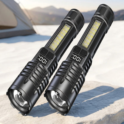 Rechargeable Tactical Flashlight 2 Pack USB COB LED – Ultra Bright 5 Modes Zoomable 200-500M Beam LCD Display for Camping Fishing Hunting Cycling Emergency