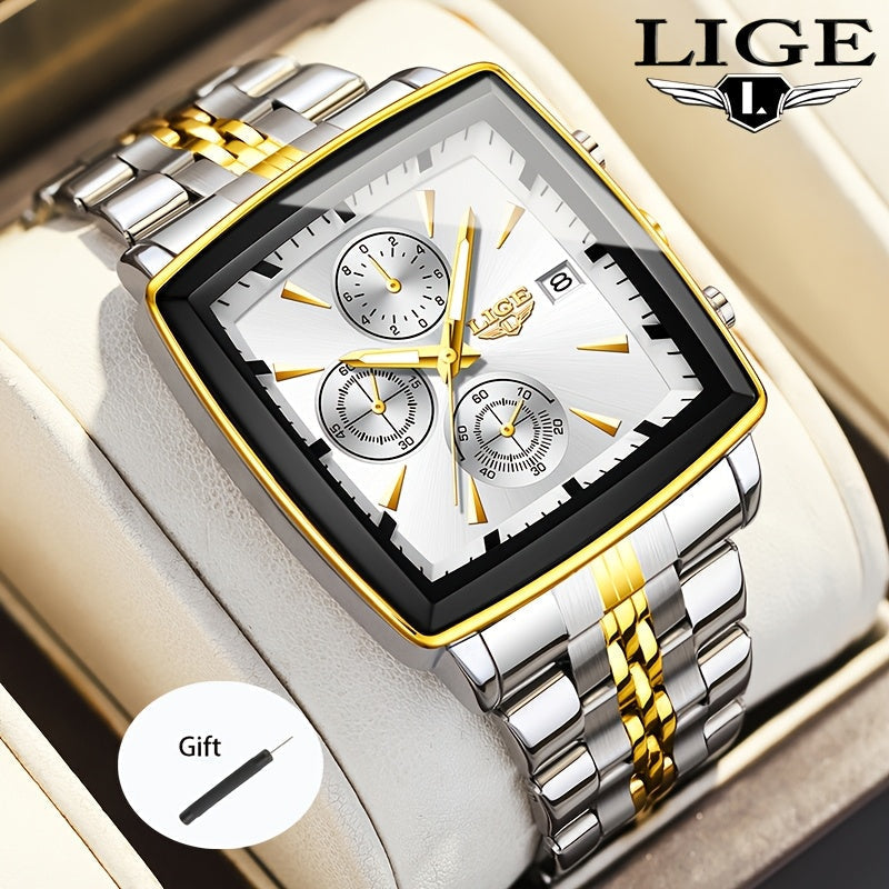 LIGE Men's Square Analog Quartz Watch – Stainless Steel Strap Calendar Display, Preppy Sport Fashion Wristwatch for Men Teens, 8 Color Options, Birthday Graduation Gift Blue Black Gold