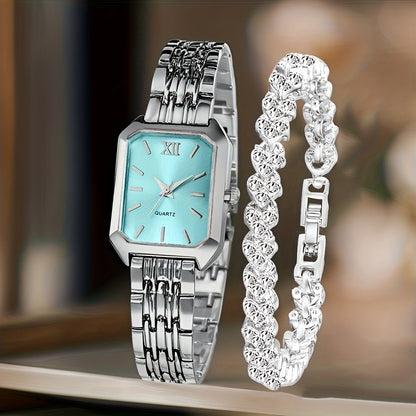 Women's Retro Quartz Watch Set 2pcs – Elegant Heart Chain Stainless Steel Rectangular Dial Analog Wristwatch, Court Style Luxury Timepiece Gift for Wedding, Easter, Birthday & Casual Wear