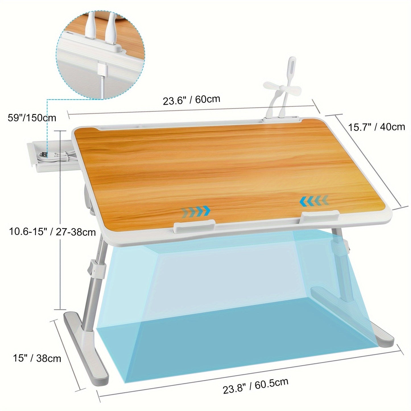 Lap Desk Bed Tray Table with USB Light Fan & Drawer – Adjustable Portable Laptop Stand for Bed Couch Sofa, Laptop Desk for Reading Writing Eating, 10 Colors & Sizes