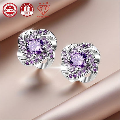 Purple Moissanite Four Leaf Clover Earrings – S925 Sterling Silver, Hypoallergenic Vintage Stud Earrings for Women, Elegant Gift Box Included, Perfect for Daily Wear, Banquets & Valentine's Day