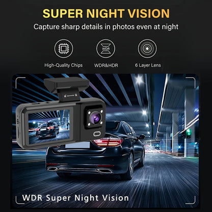 3 Channel Dash Cam Front Rear & Inside 1080P+1080P+1440P – Free 64GB SD Card, Super Night Vision, Loop Recording, G-Sensor, Motion Detection & 24-Hour Parking Mode
