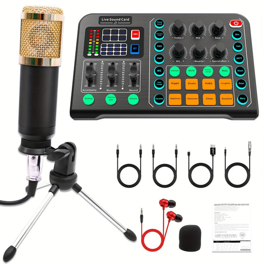 BM-800 Podcast Recording Studio Bundle with Live Sound Card, Voice Changer & Earphones – Complete Audio Interface Kit for Streaming, Vlogging & Live Broadcast, Multiple Models Available