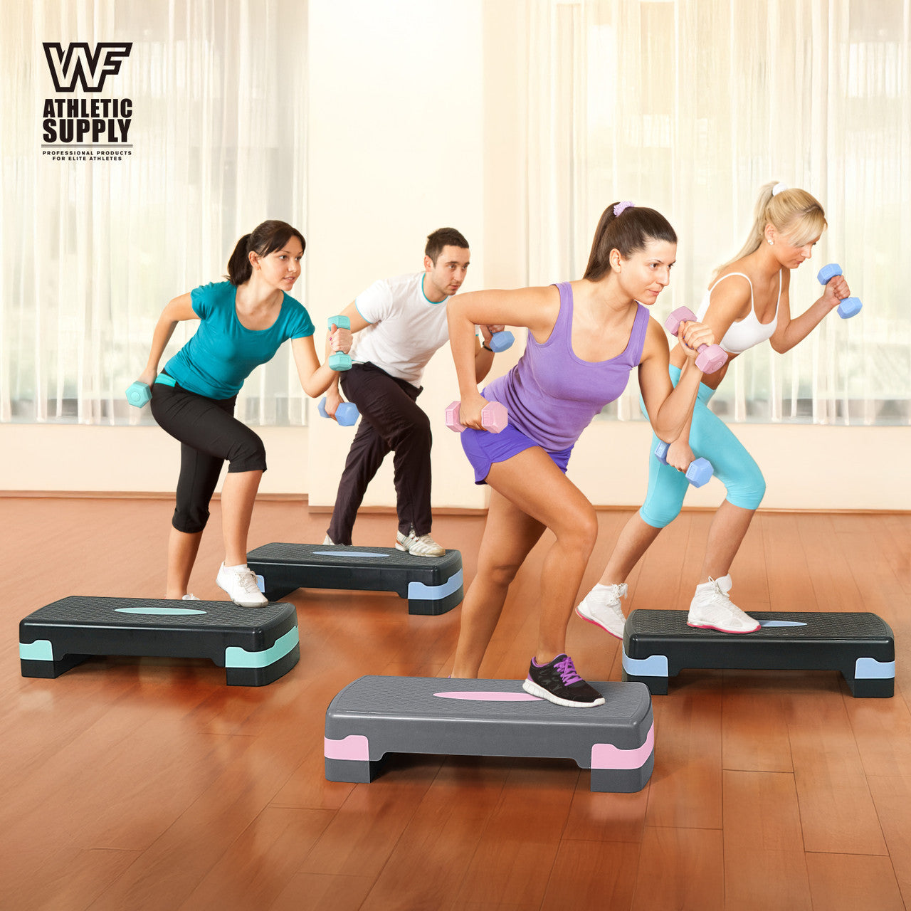 Adjustable Height Aerobic Stepper Set with 2 Dumbbells & Measuring Tape – Non-Slip Exercise Step Platform, 4"-6" Level Risers, 550 LB Capacity, Home Gym Workout – Pink Grey, Blue & Green