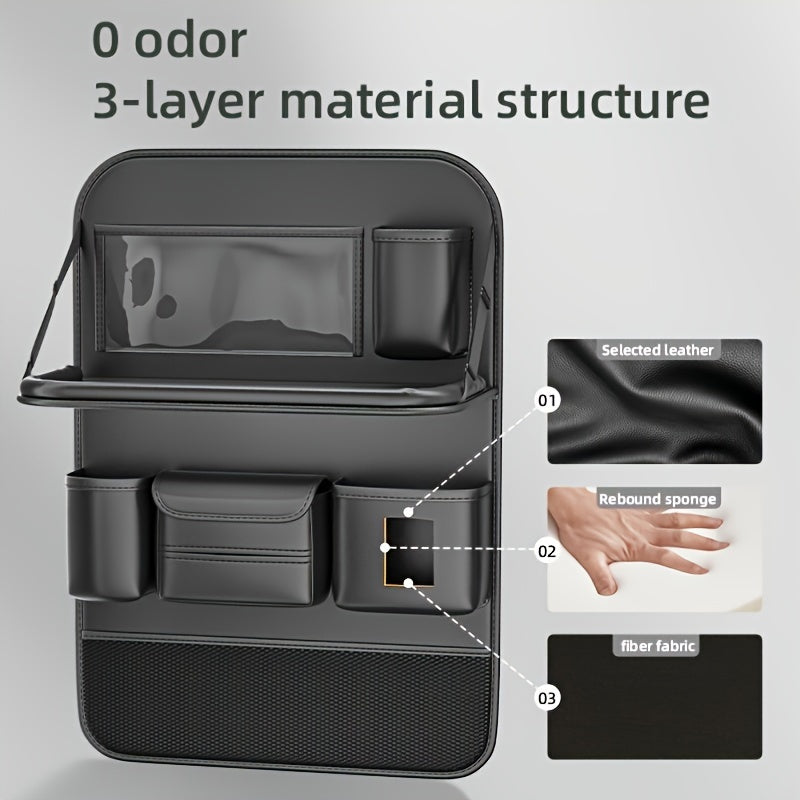 Car Seat Back Organizer PU Leather – Multifunctional Back Seat Storage Bag with Foldable Dining Table, Cup Holder & Travel Pockets, Universal Fit for Cars SUVs Trucks, Road Trip Accessories