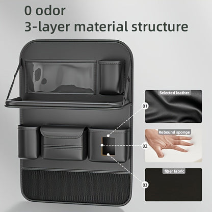 Car Seat Back Organizer PU Leather – Multifunctional Back Seat Storage Bag with Foldable Dining Table, Cup Holder & Travel Pockets, Universal Fit for Cars SUVs Trucks, Road Trip Accessories
