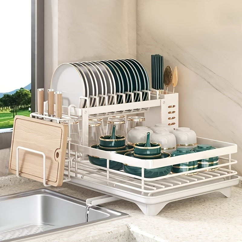 2-Tier Dish Drying Rack for Kitchen Counter with Drainboard Drain Mat Knife Fork Cup Holder Utensil Organizer Dish Drainer Kitchen Gadget Gift for Women Mother's Day