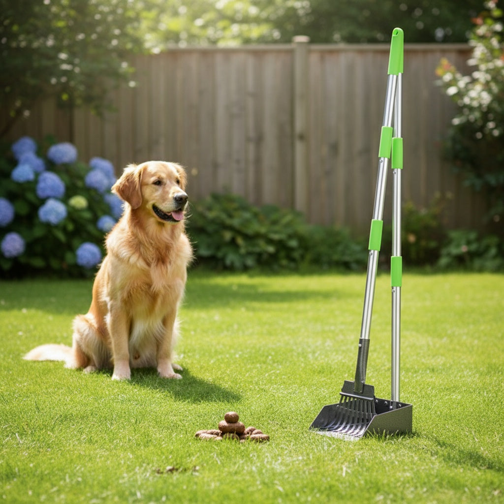 Stainless Steel Dog Pooper Scooper Set with Adjustable Handles – Rust-Proof Tray & Rake Pet Waste Removal Tool, Easy to Clean, No-Bend Design for All Dog Breeds, Yard & Outdoor Use