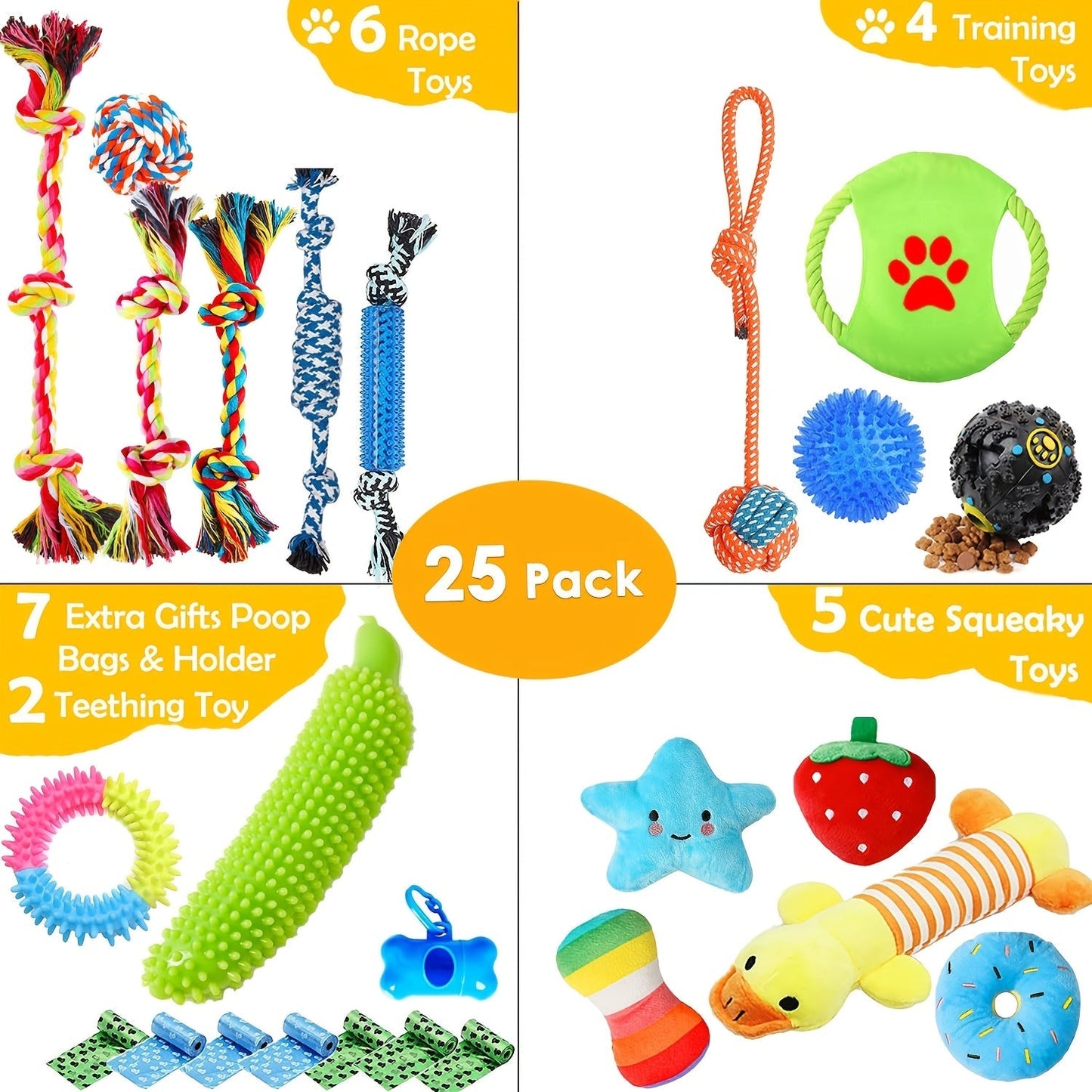 25pcs Dog Toys Set for Small Dogs & Puppies – Chew Toys, Squeaky Toys, Rope Tug, Teething Toys, Treat Dispenser Balls, Interactive Play Bundle