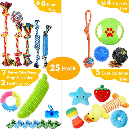 25pcs Dog Toys Set for Small Dogs & Puppies – Chew Toys, Squeaky Toys, Rope Tug, Teething Toys, Treat Dispenser Balls, Interactive Play Bundle